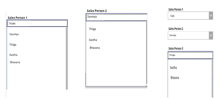 Filtered list in ComboBox showing unique salesperson names after selection in previous combo boxes.