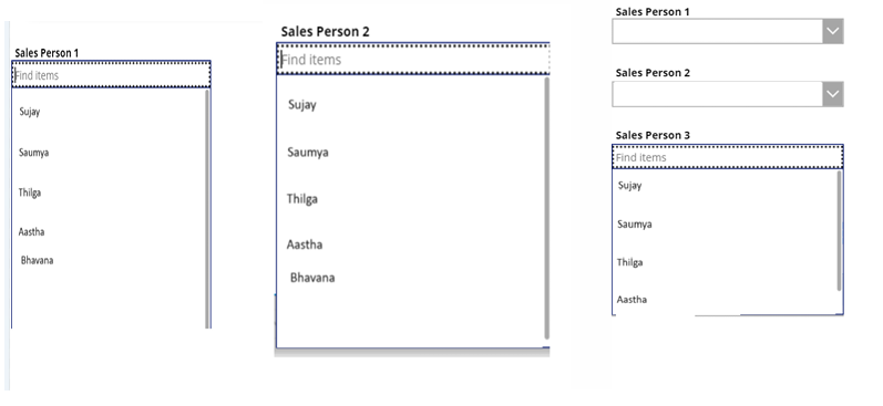 Three combo boxes in Canvas app showing salesperson names for selection.