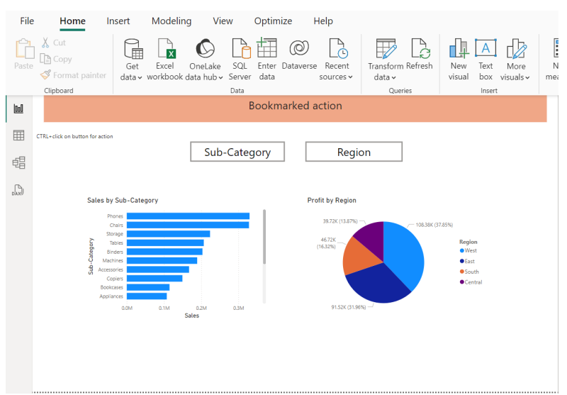 Power BI bookmarks and selection pane setup.