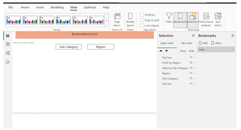 Adding a bookmark for the Sales by Sub-Category visual.