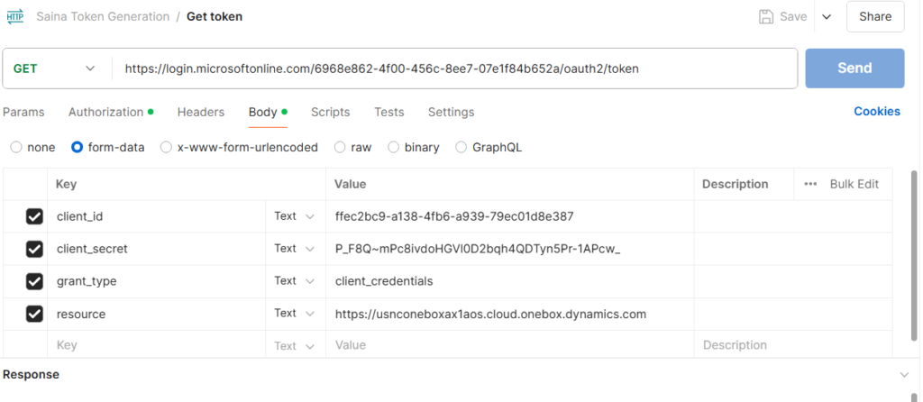 Postman form-data setup with keys and values for generating tokens from Azure credentials.