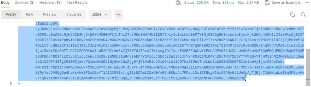 Postman response area showing a successfully generated token.