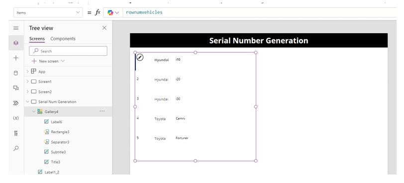 Canvas app gallery showing vehicle collection with serial number, make, and model fields.