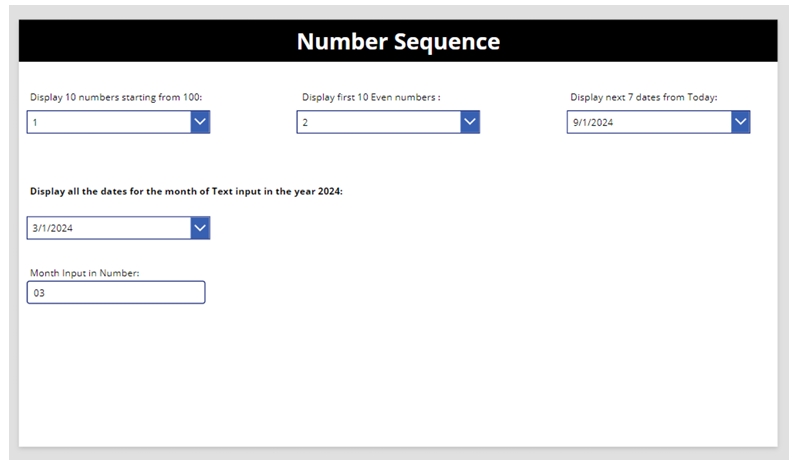 Dropdown in PowerApps displaying sequence generation with code for date display and number sequence options.